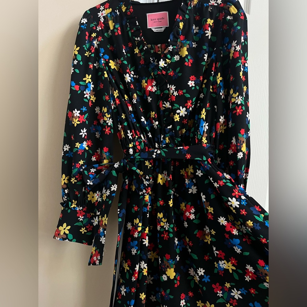 Kate Spade - Black Multicolor Floral Print Long Sleeve Dress W/ Belt Sz 4 NWOT